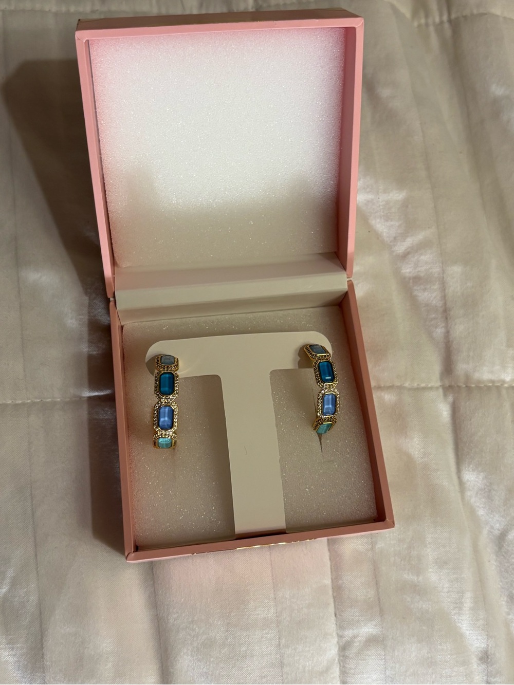 Gold-Tone Blue Crystal Rectangular Hoop Earrings